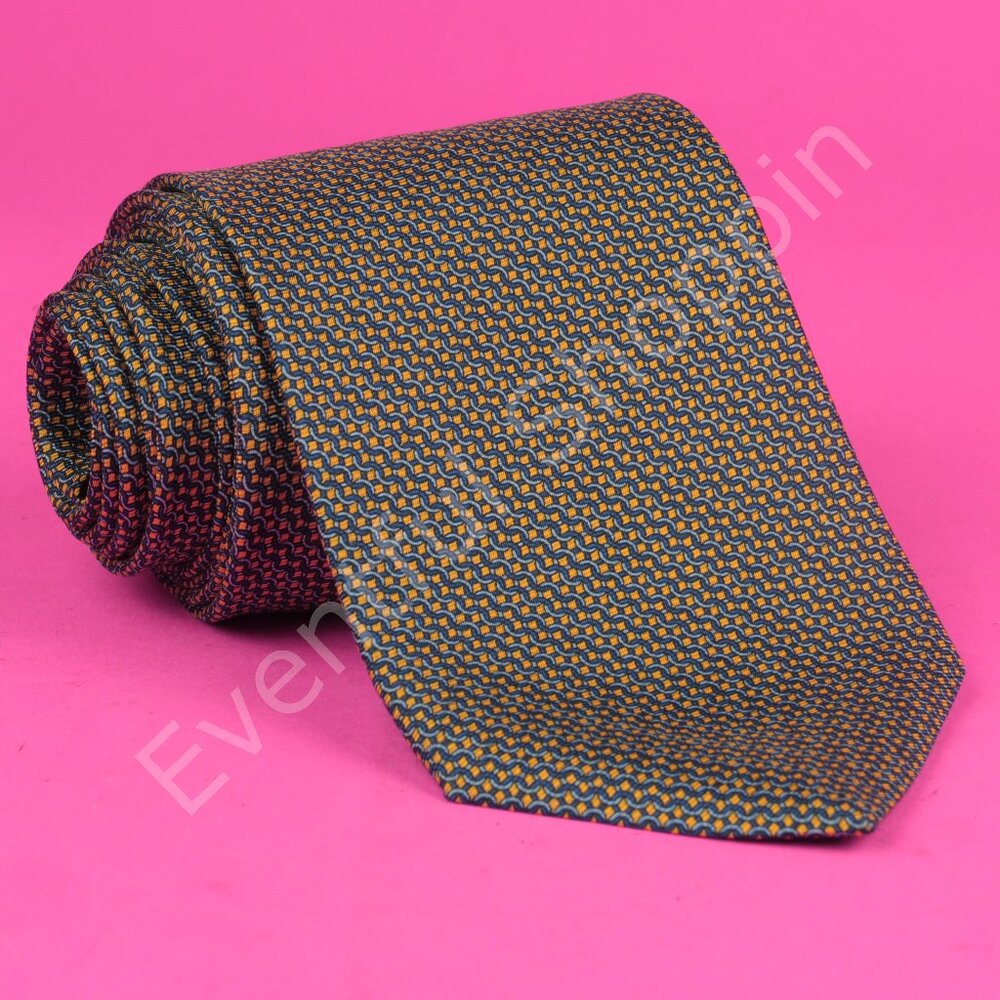 Brooks Brothers Silk Tie Gold Blue Chain Link Printed Grosgrain